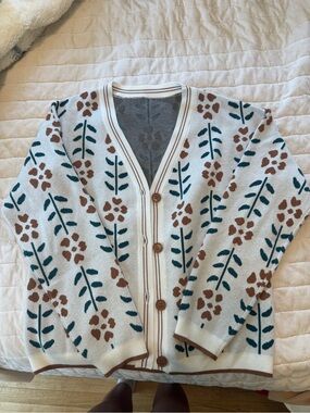 Amazon Cream Floral Button-Up Cardigan with Brown and Teal Motif
